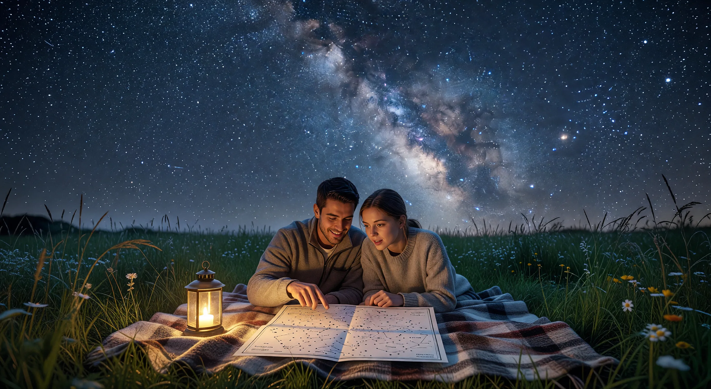 A family enjoying stargazing together under the stars with a star chart